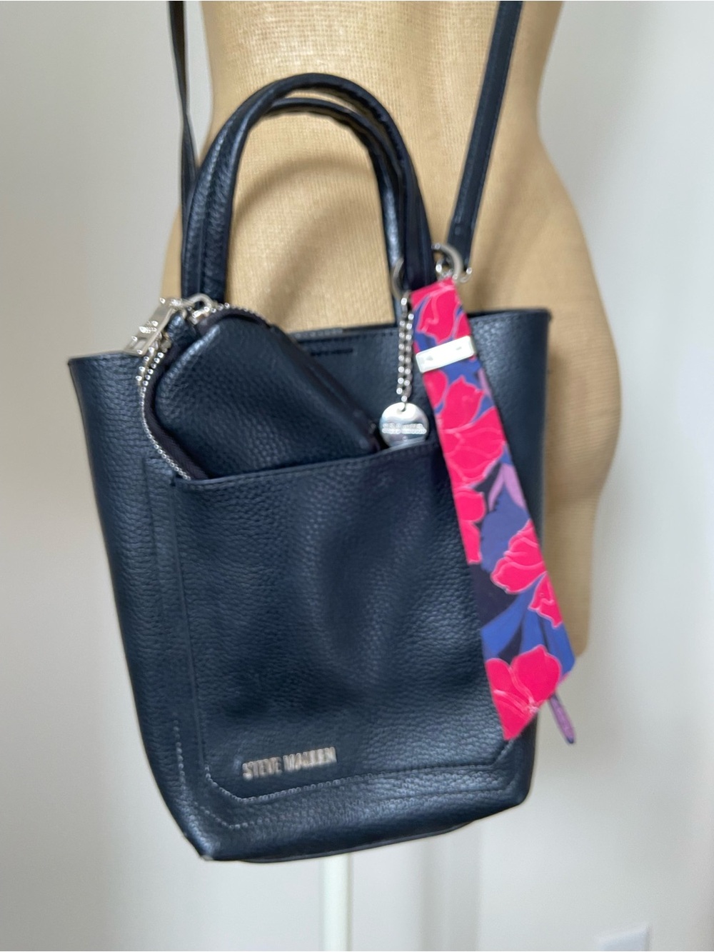 Steve Madden Black Crossbody Tote with Pink Floral Strap Accent - Picture 2 of 7
